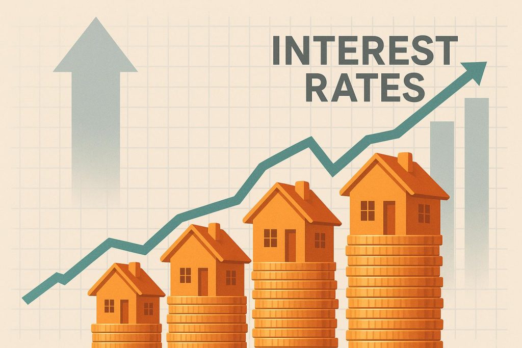 Modern buildings and houses reflecting real estate market trends influenced by interest rates