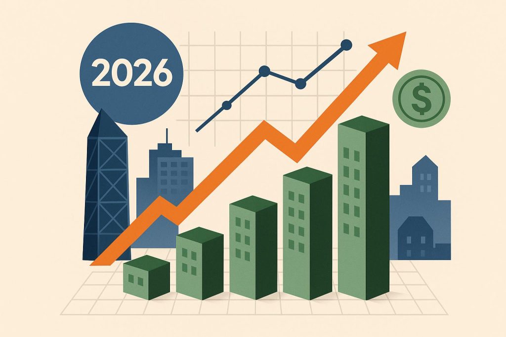 Modern city skyline with new residential and commercial buildings representing real estate trends