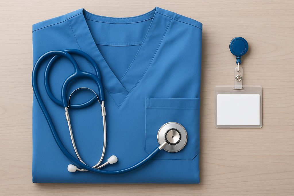 Nurse in clean, professional uniform interacting with patient in hospital setting