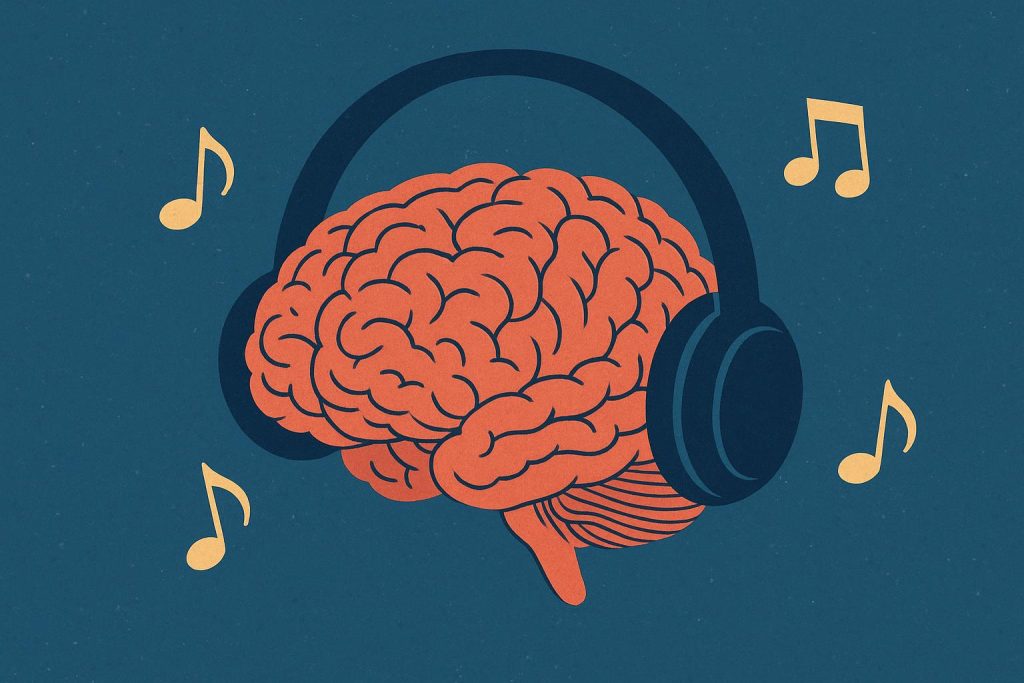 Musical notes flowing around a human brain, illustrating the impact of music on brain function