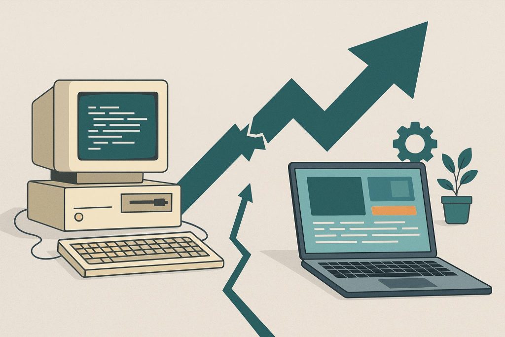 Outdated computers and modern laptops illustrate the impact of legacy software on business growth