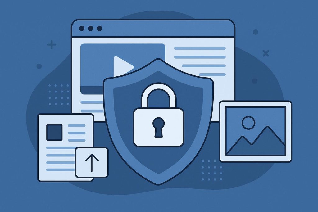 Digital security shield icon representing strategies for protecting online content rights