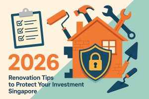 Modern Singapore apartment undergoing renovation with protective materials and tools in use