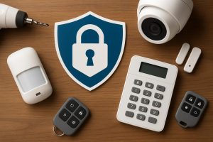 Smart home security system being installed on a front door with tools and digital keypad visible