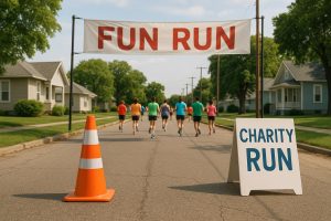 Colorful charity fun run event in small town, participants running and cheering on a sunny day