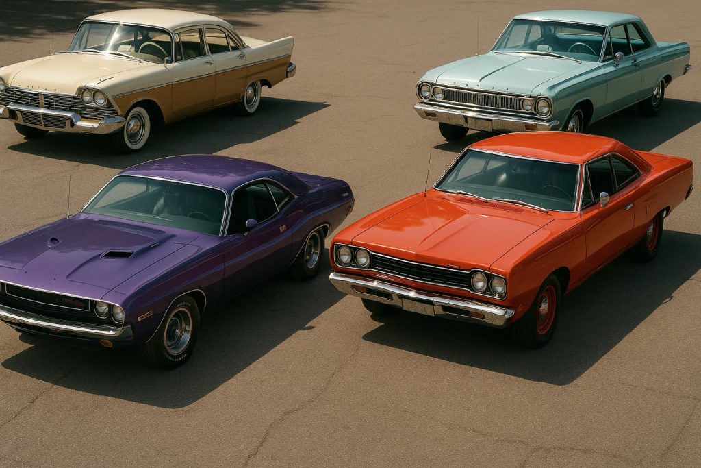 Classic MOPAR cars showcased in a collector’s garage, highlighting vintage automotive history