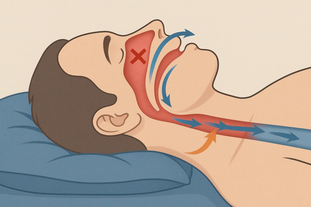 Illustration of nasal airflow versus mouth breathing affecting sleep quality and oxygen intake