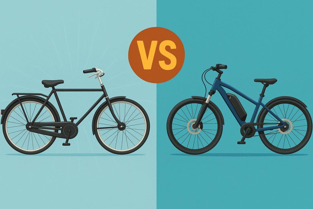 Tata traditional bicycle and modern electric cycle side by side, highlighting design differences