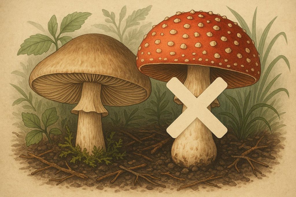 Variety of wild mushrooms in a forest setting, highlighting differences between edible and poisonous types