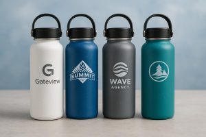 Assorted custom branded drink bottles designed to keep beverages cold throughout the day
