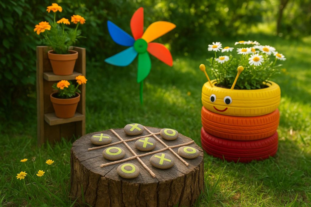 Colorful family-friendly garden projects with painted pots, wooden planters, and handmade decor