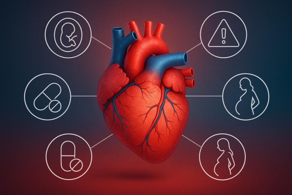 Illustration of congenital heart anatomy highlighting key risk factors for heart conditions