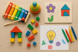 Colorful play-based activities fostering creative thinking and problem-solving in young children